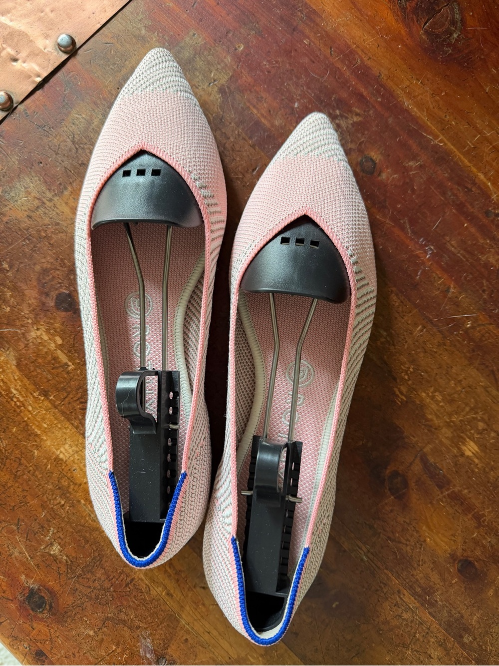 Rothy's Pink Knit Pointed Flats with Blue Trim